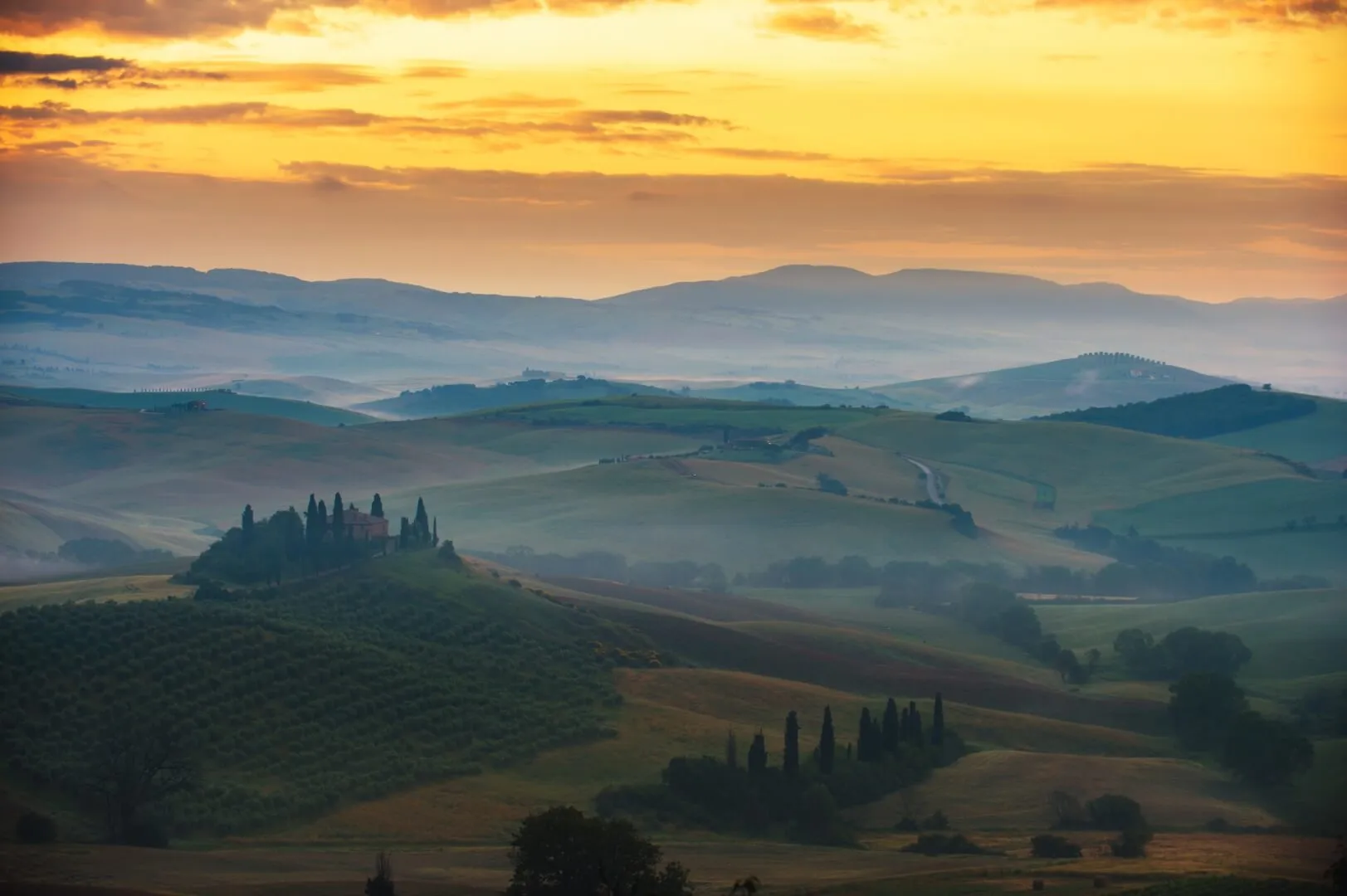 The Val d'Orcia hills at dawn