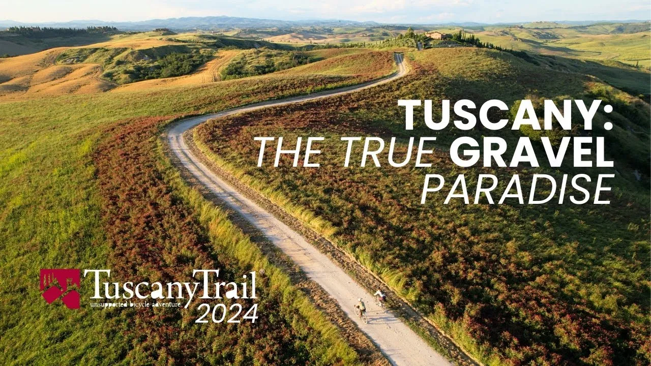 The cover of the Tuscany Trail 2024 film: a winding white road through the hills