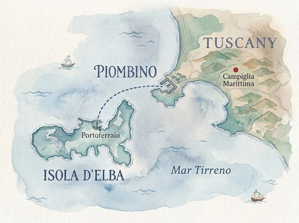 Mappa ad acquerello con Campiglia Marittima, Piombino, la rotta del traghetto e Portoferraio sull'Isola d'Elba