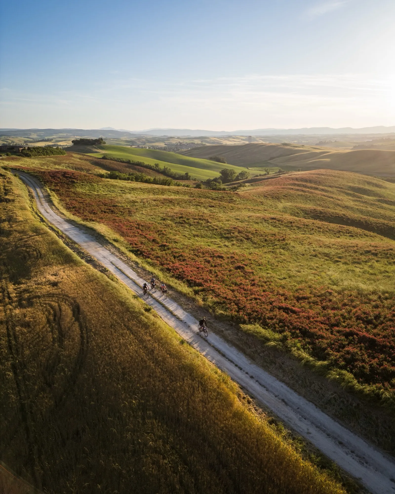 Quattro rider su una strada bianca fra le colline, visti dall'alto nella luce del tramonto