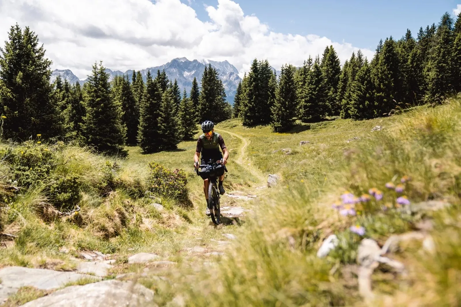 Una rider in salita su un sentiero fra gli abeti, con le montagne sullo sfondo