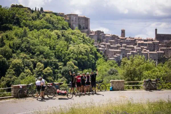 A stop below a hilltop village